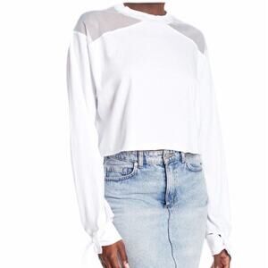 NWT Kendall & Kylie White Mesh Shoulder Raw Hem Long Sleeve Crop Blouse S